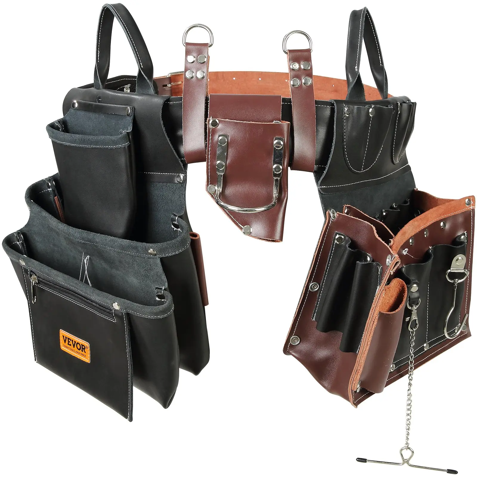 【Summerfinds】VEVOR Tool Belt 31 PocketsAdjusts 32 Inches to 54 InchesLeather Heavy Duty Tool Pouch BagDetachable Tool Bag for ElectricianCarpenterHandymanWoodworkerConstructionBlack/Brown