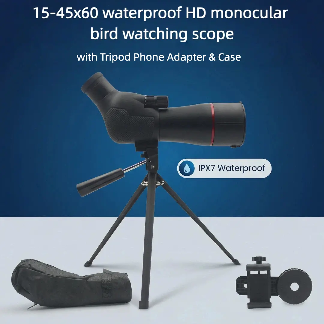 15-45x60 Waterproof HD Refractor Spotting Scope with Tripod Mount, Phone Holder, Adapter, Fully Coated Monocular & Case for Long-Range Bird Watching, Wildlife Observation (Adjustable Lens Model for Nature Enthusiasts, Portable Outdoor Gear)