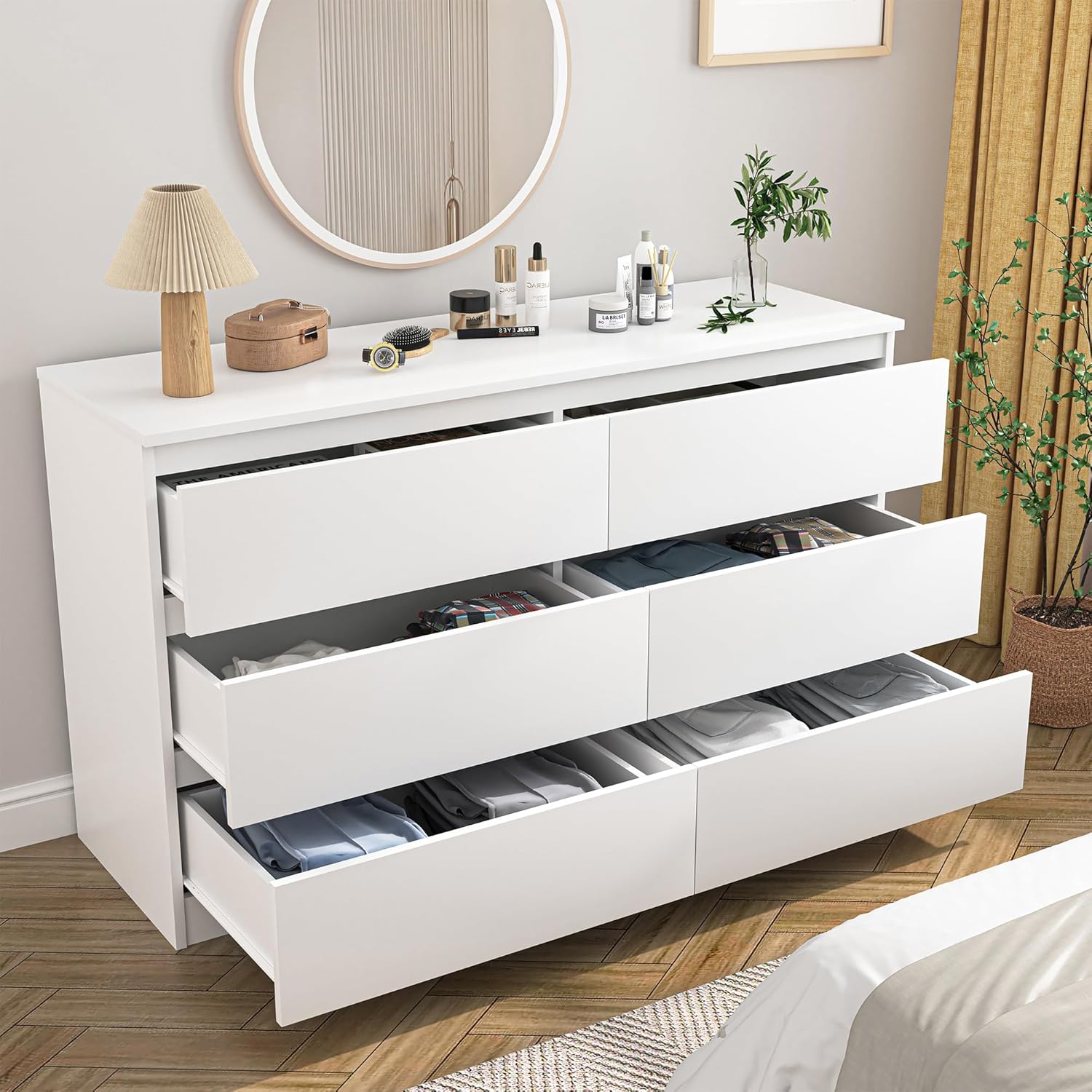 Spaco White Modern 6-Drawer Dresser for Bedroom - Wide Wood Storage Chest with Deep Drawers, Large Bedroom Organizer Furniture for Closet, Tall Dresser with Smooth Gliding Drawers Spaco White Modern 6-Drawer Dresser for Bedroom - Wide Wood Storage Chest with Deep Drawers, Large Bedroom Organizer Furniture for Closet, Tall Dresser with Smooth Gliding Drawers