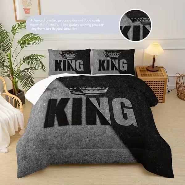 3pcs King & Queen Comforter Set - Black & Grey His & Hers Bedding | 1 Comforter + 2 Pillowcases | Soft, Breathable, Modern Printed Bedding for Bedroom & Dorm Decor
