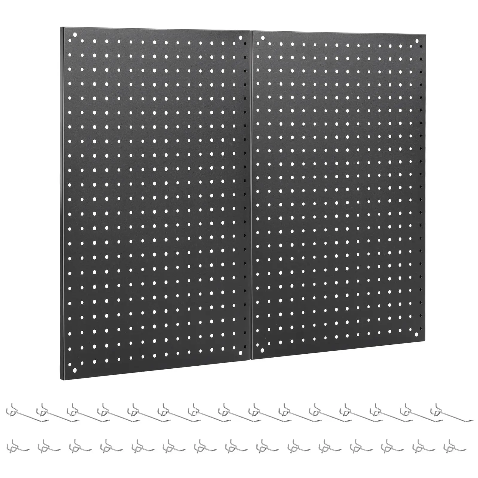 2 Pcs 24"×16" Sturdy Rust-Resistant Black Steel Pegboard Panels - Expandable Modular Wall Tool Organizer Racks Kit with 30 Hooks, Dual-Size Holes, Wall Anchors, Washers, Easy Installation for Garage, Craft Room, Office Organization