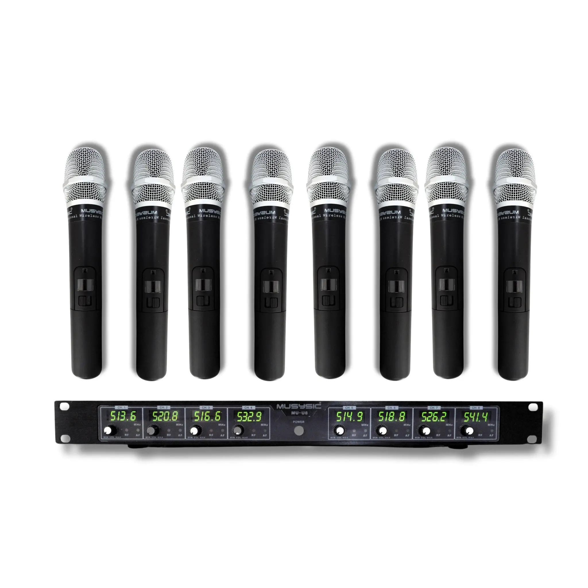 MUSYSIC MU‑U8‑HH Professional 8‑Channel UHF Wireless Handheld Microphone System – Eight Handheld Mics, Long‑Range, LCD Displays