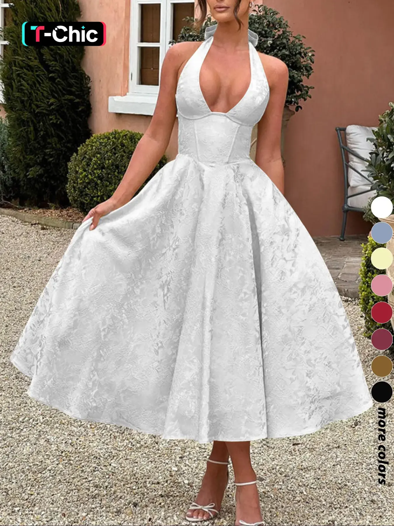 Fashion Elegant Chic Halter Lace-Up Embroidered Waist V-Neck Sleeveless Dress, Deep V Dress, Long Plain Party Gown, Embellished Prom Gown, Evening Gown, Formal Wear, Fitted Style for Lady Women