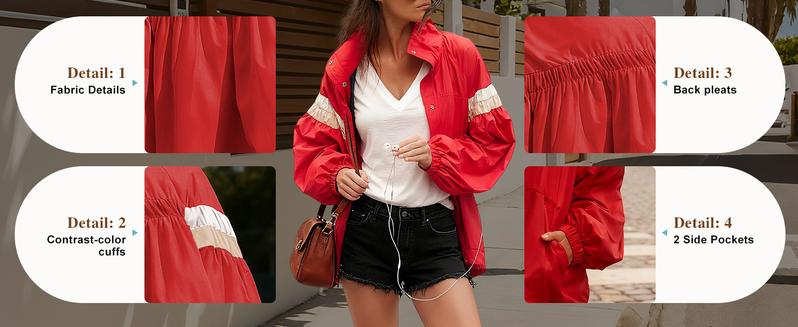 [New] Fisoew Women's Lightweight Windbreaker Jacket with Contrast Patchwork Elastic Cuffs & Adjustable Hem Casual Streetwear Trench Coat Outerwear Clothes Womenswear
