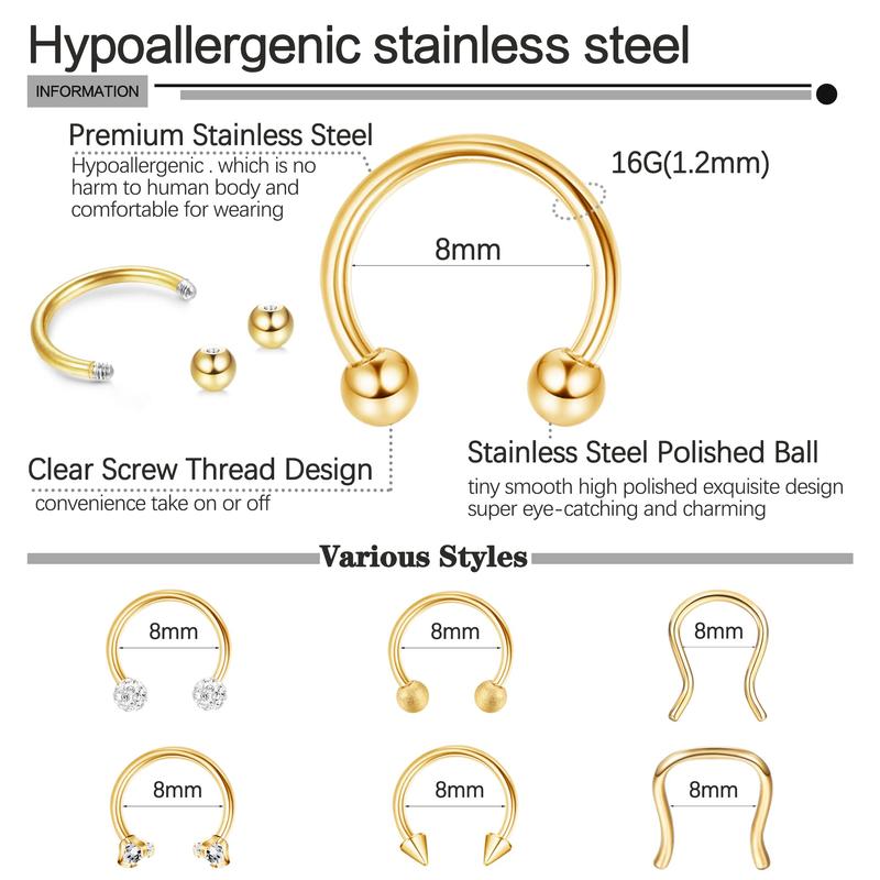 Drperfect 16G Septum Rings Stainless Steel Daith Earrings Nose Rings CZ Cartilage Helix Tragus Septum Clicker Piercing Jewelry