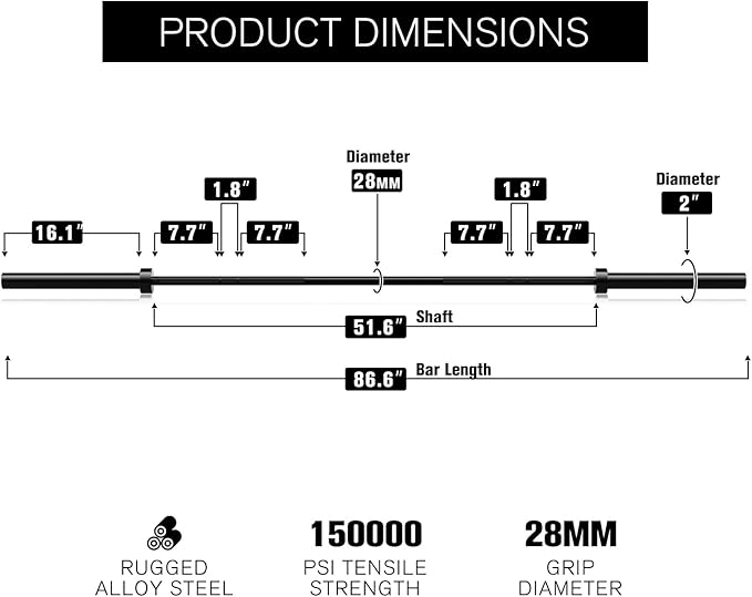 RITFIT Olympic Barbell 4ft/6ft - 2 Inch Weight Bar for Strength Training, Weightlifting, Squat, Deadlift, Bench Press, Curl, Overhead Press - 350lbs/500lbs Capacity