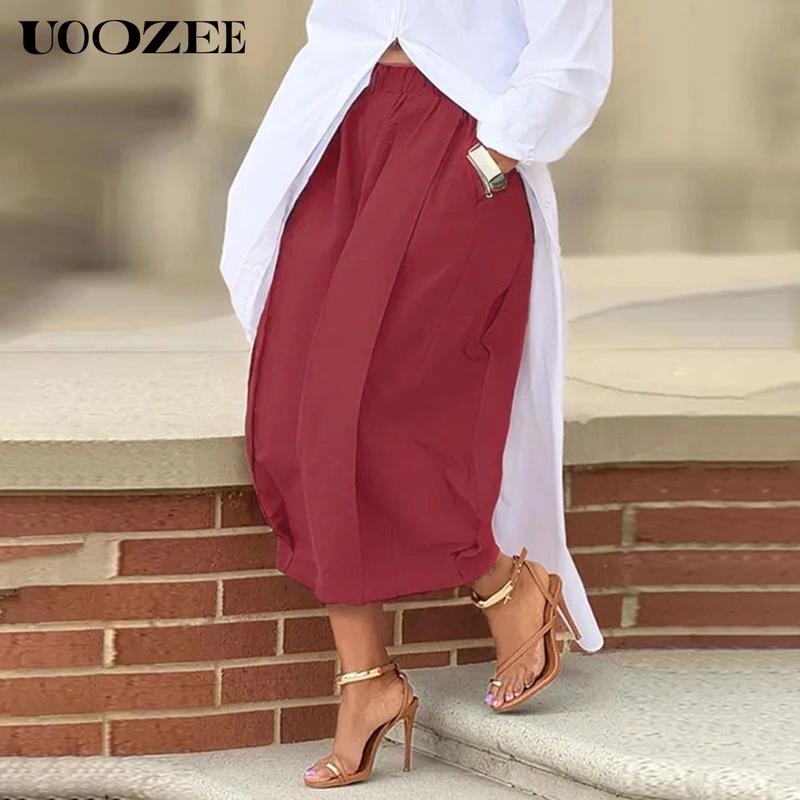 UOOZEE Women's Khaki Loose Multicolor Cropped&Long Trousers 100% Cotton Soft Summer&Autumn/Winter Comfortable Breathable Fabric Elastic Waistband Lantern Pants with Pockets Casual Style Bottoms Outfit Minimalist Spring Basic teacher outfits