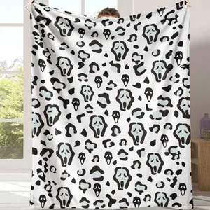 Ghost Face Flannel Blanket Spooky Leopard Print Ultra Soft Warm Lightweight Cozy for Couch Living Room Bedroom Travel Halloween Decoration Perfect Gifts