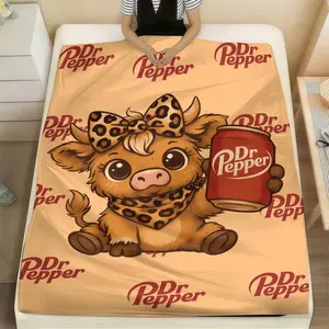 Cozy Highland Cow Flannel Blanket, Retro Dr Pepper Inspired Print, Soft Warm Throw for Bedroom Living Room, Western Leopard Design, Ideal Gift for Soda Enthusiasts