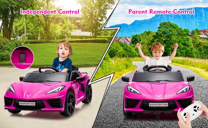 【GARVEE】12V Licensed Corvette Electric Sports Car for Kids with Remote Control, Visual Dashboard, LED Lights, Music, Battery Powered, Available in Multiple Colors Including Rose Red, Red, Light Blue, Orange, Pink, Dark Blue, and White