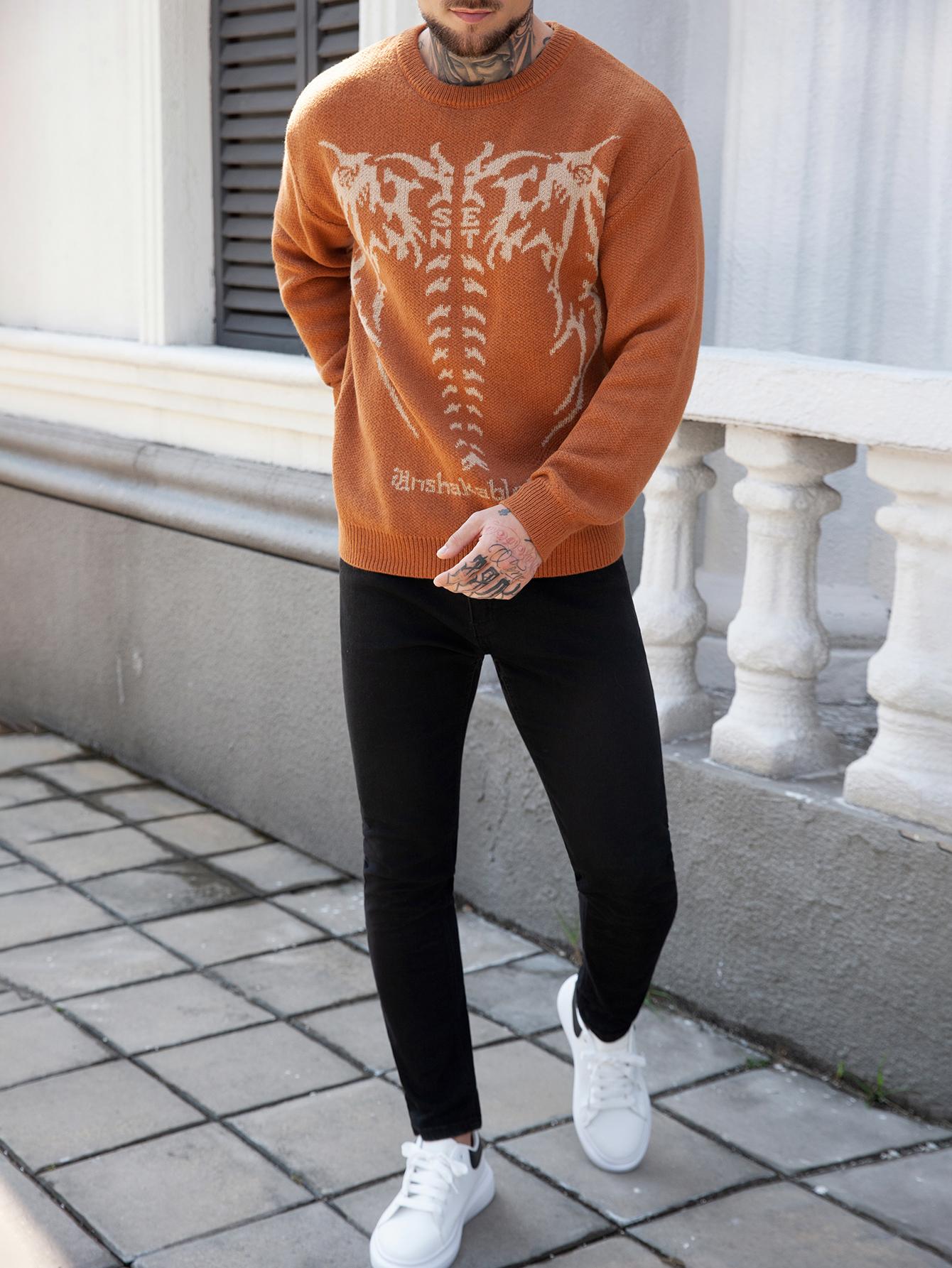 HYPESTFIT Men's Oversized Crewneck Sweater Trendy Comfy Acrylic Knitwear for Halloween Fall Streetwear Everyday Style Hipster Fashion - Stylish - Casual