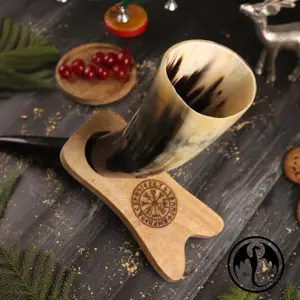 Viking Drinking Horn- with Vegvisir Engraved in Wooden Stand| Viking Gift for Men & Women| Unique & Hand Crafted| Food Safe| Natural Shine Finish(Wooden Stand)