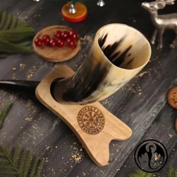 Viking Drinking Horn- with Vegvisir Engraved in Wooden Stand| Viking Gift for Men & Women| Unique & Hand Crafted| Food Safe| Natural Shine Finish(Wooden Stand)