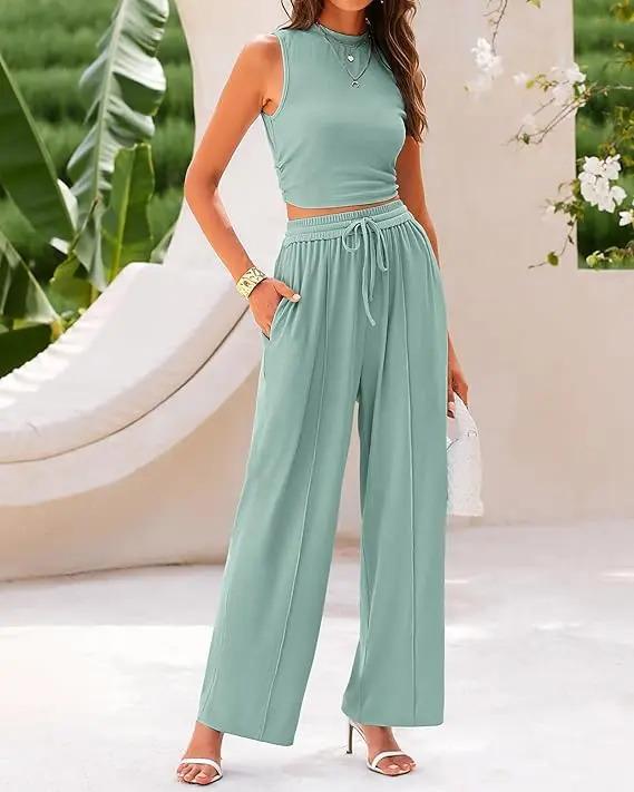 USBOUTIQUE CHIC Women's Summer 2-Piece Outfits - Ribbed Knit Crew Neck Sleeveless Cropped Top & Wide Leg Pants Lounge Set