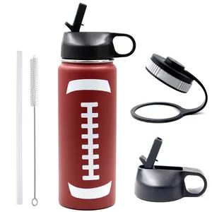 18 oz Football Water Bottle with Straw, Sports Flask Metal Travel Tumbler with 2 Lids, Stainless Steel Double Wall Vacuum Insulated Leak Proof Thermo Water Bottles, Football Gear Gifts for Boys Girls