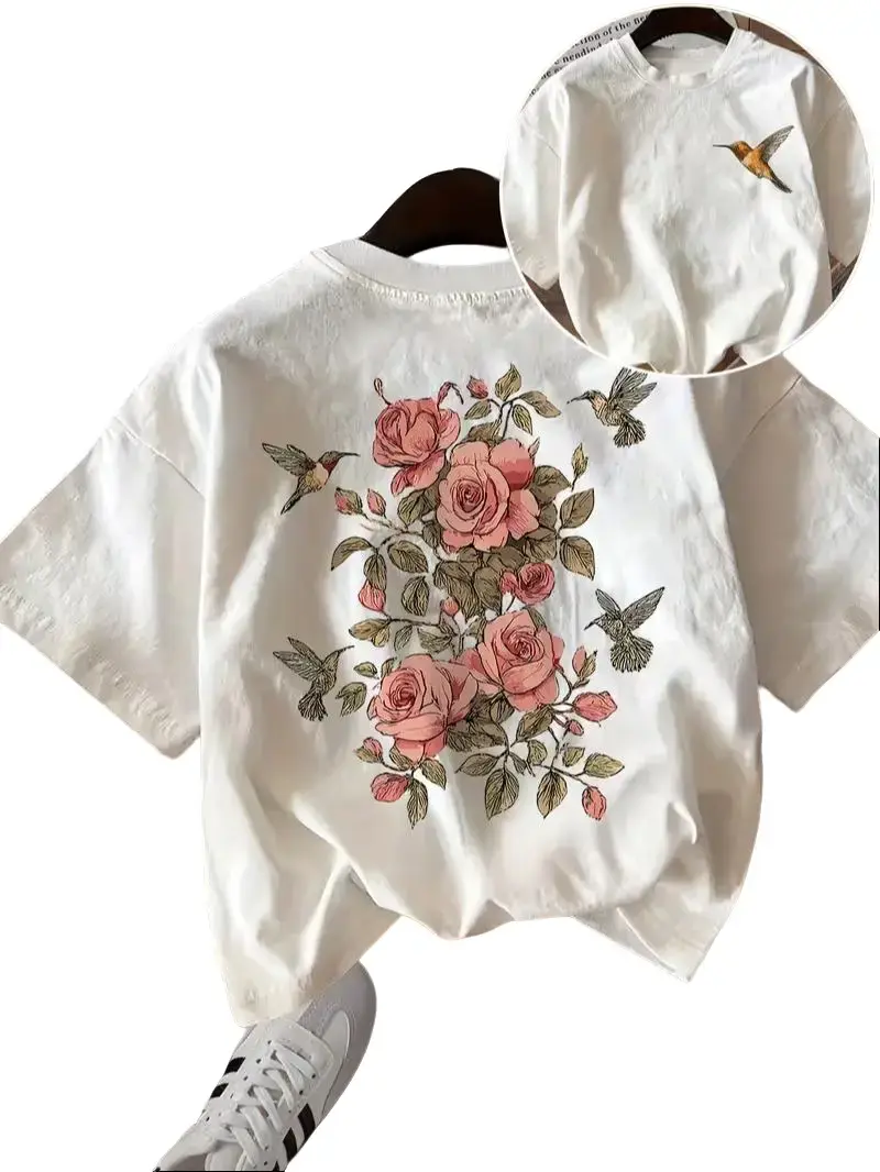 Women's Fitted 100% Cotton Short-Sleeve Floral T-Shirt - Vintage Rose & Hummingbird Print, Breathable Casual Everyday Whimsicore Top, Shortsleeve, Tee
