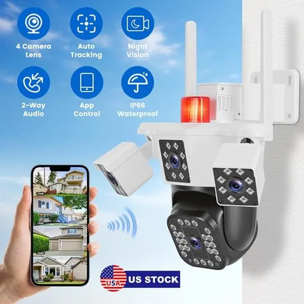 1080P HD Digital 4-Lens Home Security WiFi Camera - 360° Pan & Tilt, App Control, Full Color Night Vision, Auto Motion Tracking, 2-Way Audio with Speaker, Spotlights, Waterproof, Card Connection, Wall Mount Surveillance Protection