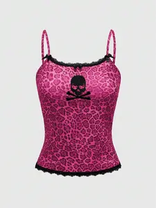 Kawaii Y2K Style Abby PUNK Pink Leopard Lace & Skull Embroidered Women Tank Top