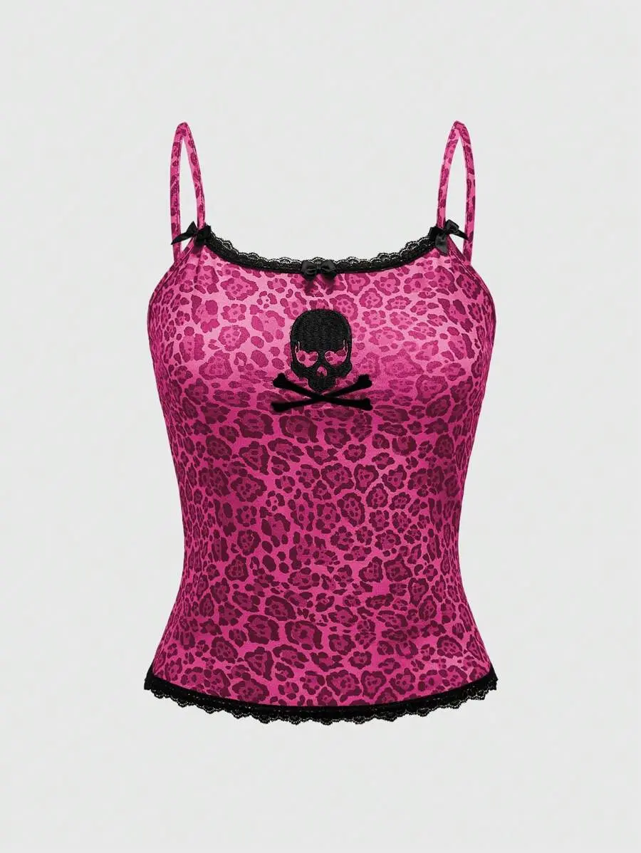 Kawaii Y2K Style Abby PUNK Pink Leopard Lace & Skull Embroidered Kawaii Y2K Style Abby PUNK Pink Leopard Lace & Skull Embroidered