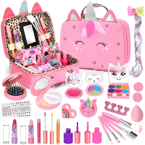 Kids Vanity Makeup Set for Toddler Girls - Real Washable, PVC-Free Non-Toxic Cosmetics with Portable Case, 3-12 Years Pretend Play Toy, Cool Toddler Stuff, Christmas Gifts for Kids, Birthday Gift