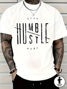 Men's White Cotton T Shirt with Stay Humble Hustle Hard Graphic Short Sleeve Round Neck Casual Style Geometric Design