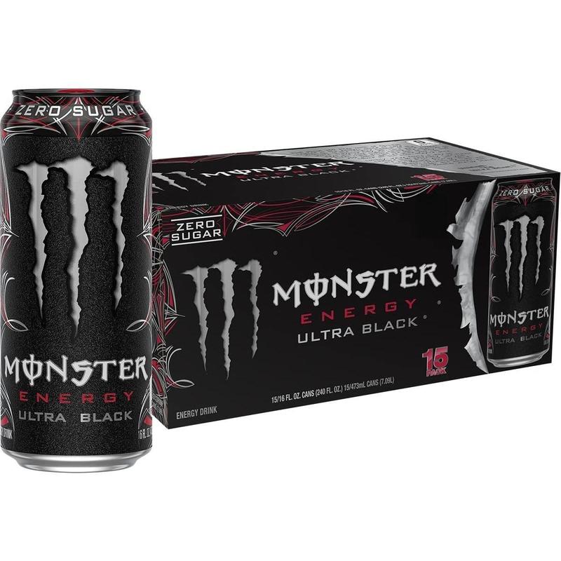 Monster Energy Ultra Black, Sugar Free Energy Drink, 16 Ounce (Pack of 15)