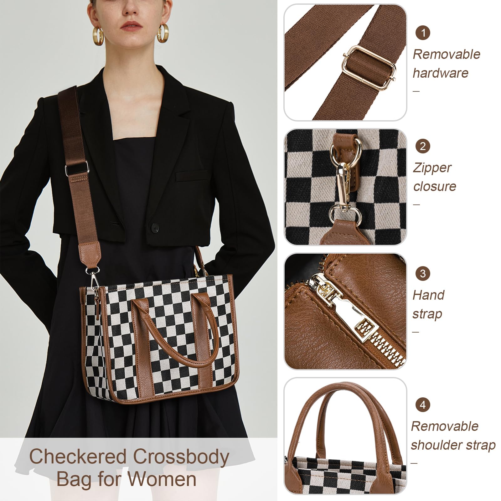 Checkered Crossbody Bag, Canvas Work Tote, Black and White Purse, Casual Tote Handbags for Work & Travel