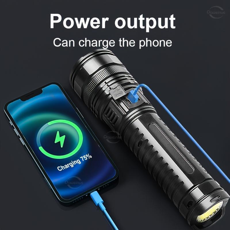 Hoodink 2-in-1 Strong Flashlight (Power Bank), Digital display of power, Rechargeable, Zoomable, Waterproof, Adjustable Brightness Flash Light for Outdoor, Emergency, Camping Accessories，Fishing Garden Lighting Night security Garage Lighting