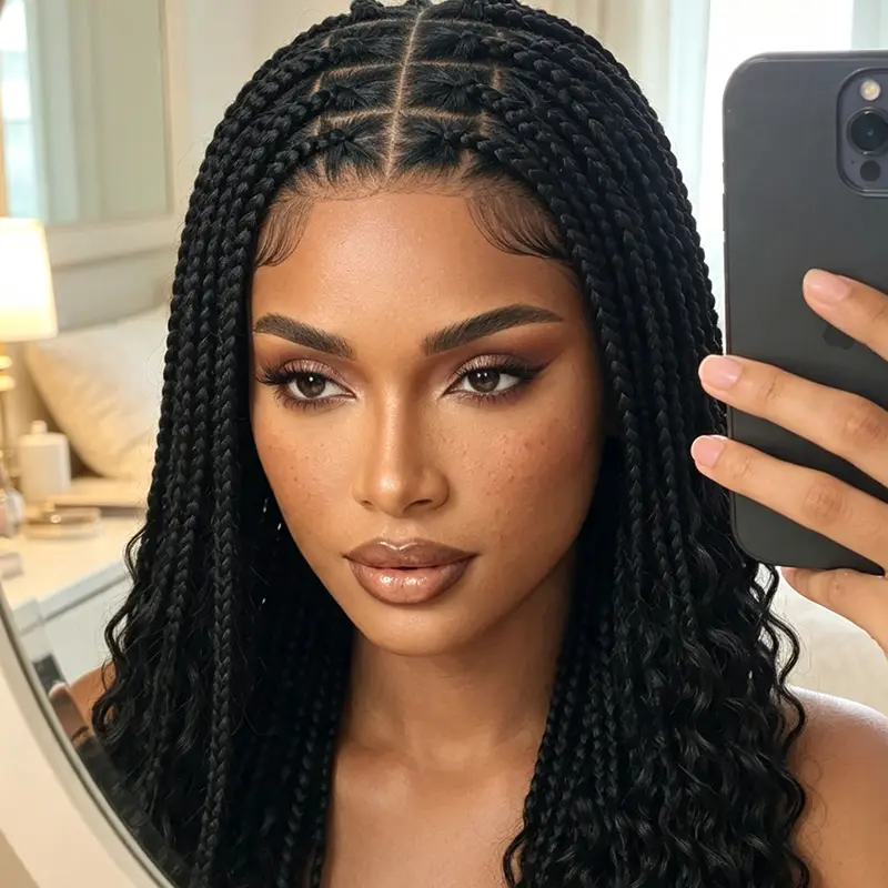 TikTok Trending Goddess Boho Knotless Box Braided Wigs Full Lace Frontal Cornrow Wig for Black Women Glueless Synthetic Ghana Feed in Weave Braiding Wigs with Baby Hair Curly Ends African Protective Hairstyles 1B