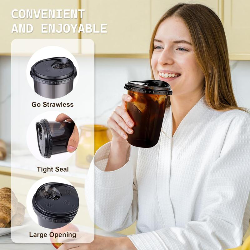 ZAKA MY KITCHEN 50 Pack 16oz Black Plastic Cups with Lids, Disposable Round Bottom Stemless Glasses with Sip Lids, To Go Iced Coffee Drinking Cups for Halloween Party Wedding Catering Events