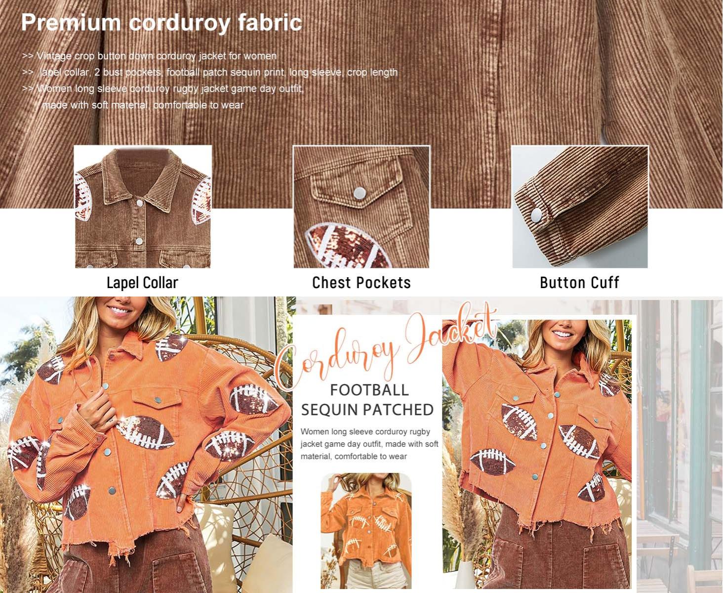 Kingapril Women's Game Day Corduroy Sequin Football Cropped Jacket Rugby Oversized Lapel Button Down Shirt Shacket Coat