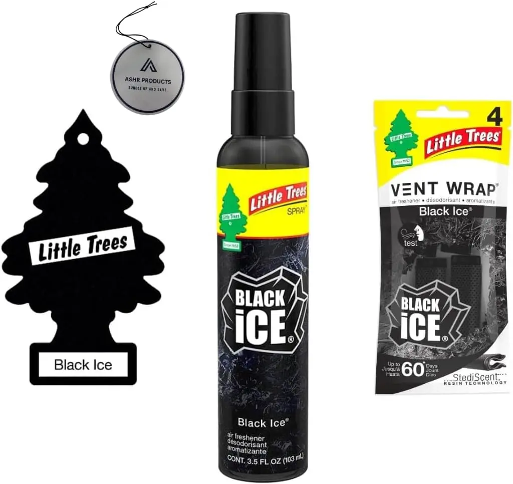 LITTLE TREE Multi-Use Car Fragrance Bundle - 4 Vent Wraps, 1 Spray Bottle, 6 Hanging Trees, Bonus Black Ice Scent, Deodorizer, Aromatherapy for Car Interior Accessories (Trucks, RVs), Car Scent