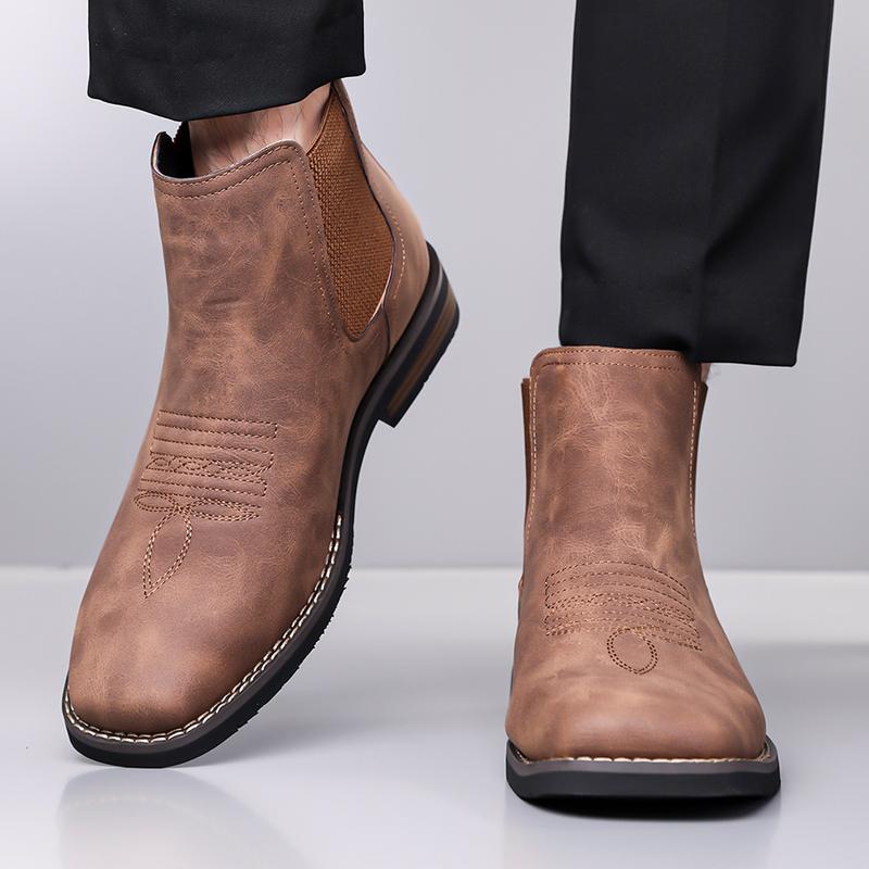 New Winter Men’s Western Cowboy Boots, Square Toe Chelsea Boots, Casual Retro Fashion Classic Comfortable Simple Khaki, Black, and Gray Trendy Men’s Shoes