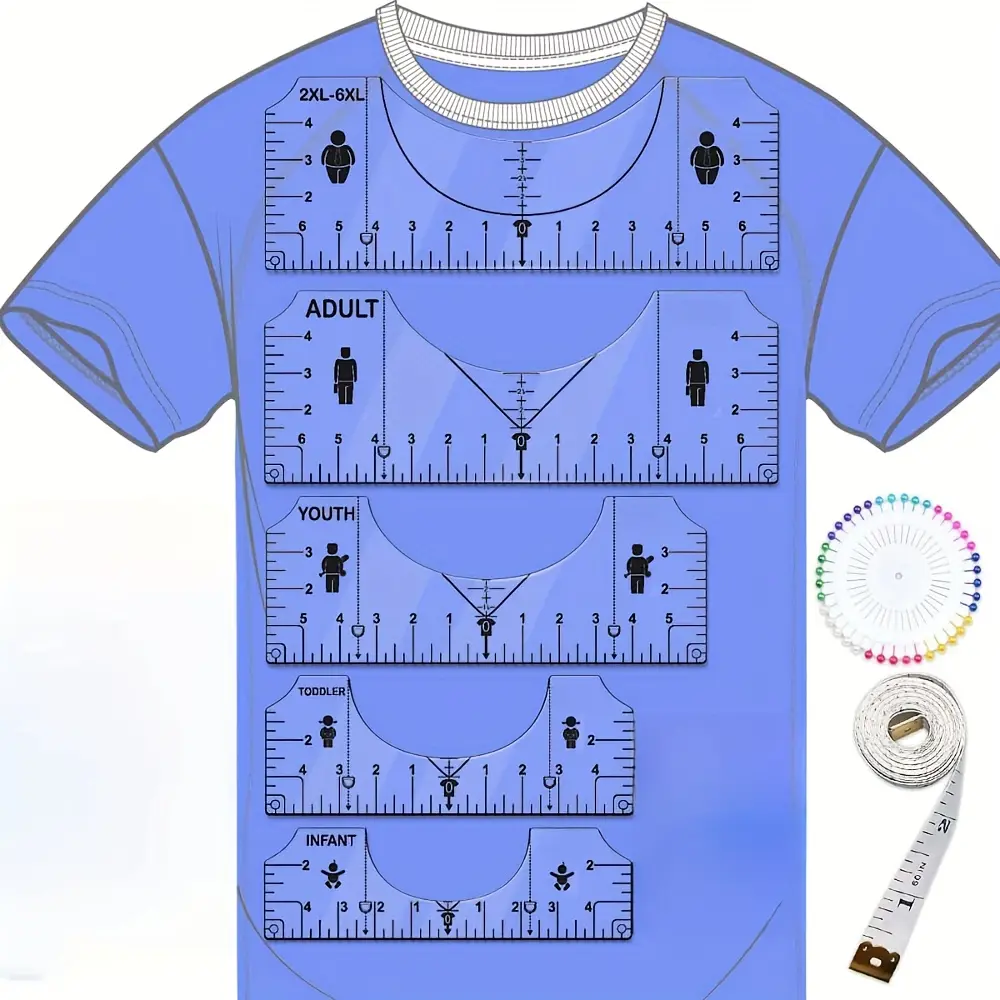 7Pcs Portable Compact T-Shirt Ruler Guide, Transparent PVC Ruler for Centering Vinyl, Alignment, Heat Press, Adult & Youth, Front & Back Measurement (V-Neck/Round Neck), Portable Compact Rulers