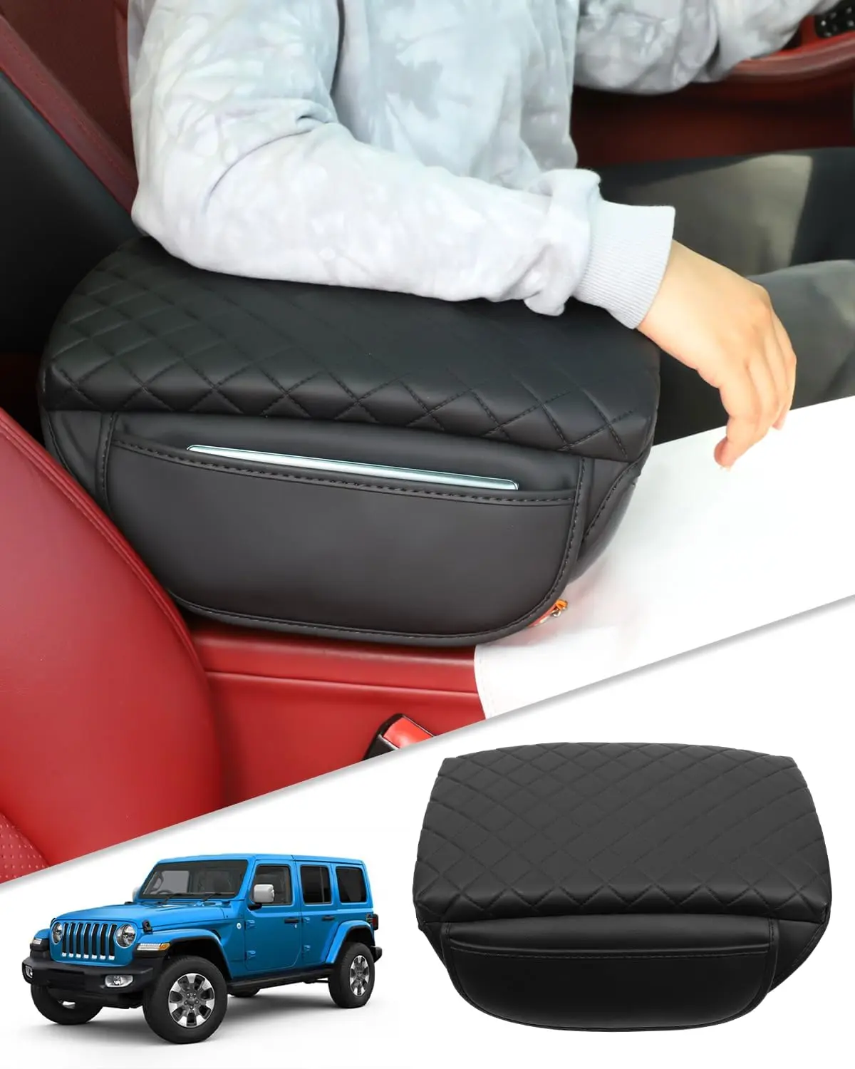 Center Console Cover for Jeep Wrangler JL & Gladiator JT 2018-2026 | Armrest Pad with Organizer Storage Pockets, Black Faux Leather Arm Rest Lid Cushion Accessories, Precise Full Coverage Car Accessories, Accessories For Car
