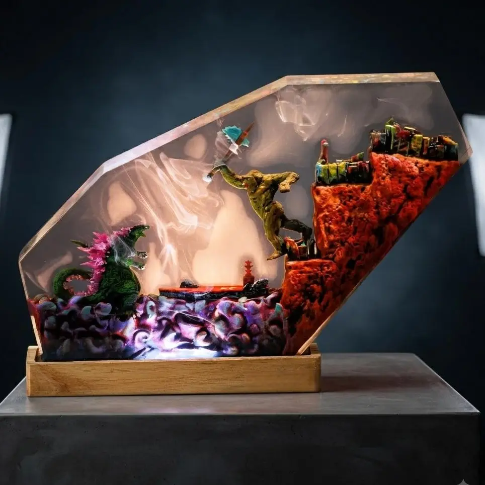 Handcrafted Epoxy Resin Diorama Night Light Featuring An Intense Legendary Monster Battle Between An Iconic Giant Ape And A Powerful Radioactive Lizard Diorama Mounted On A Premium Hand-Polished Wooden LED Base Perfect For Desk And Room Home Decor