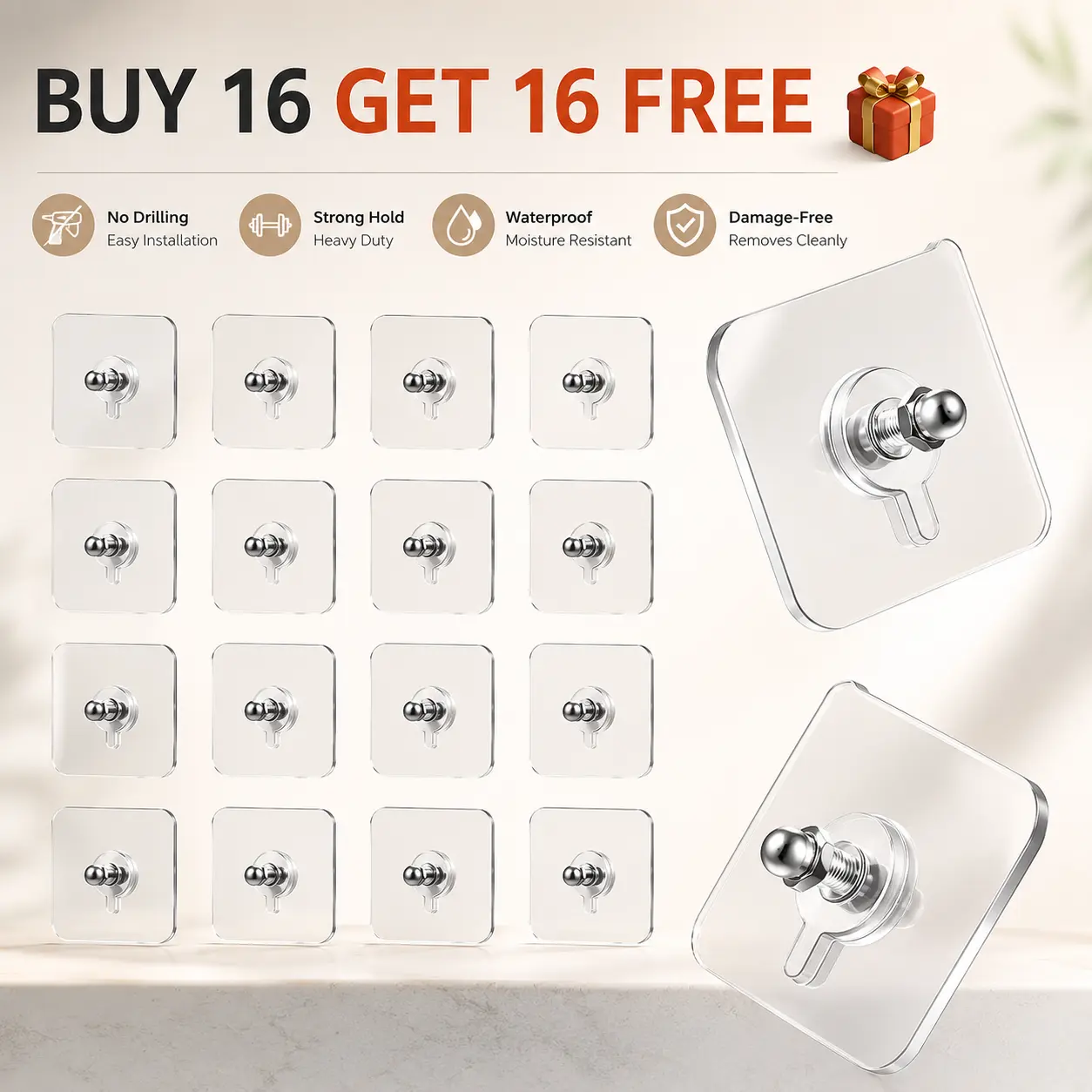 BUY 16 Get 16 Free 32-Piece No-Drill Screw Stickers Strong Adhesive No Nail Wall Hooks for Hanging Pictures Without Nails