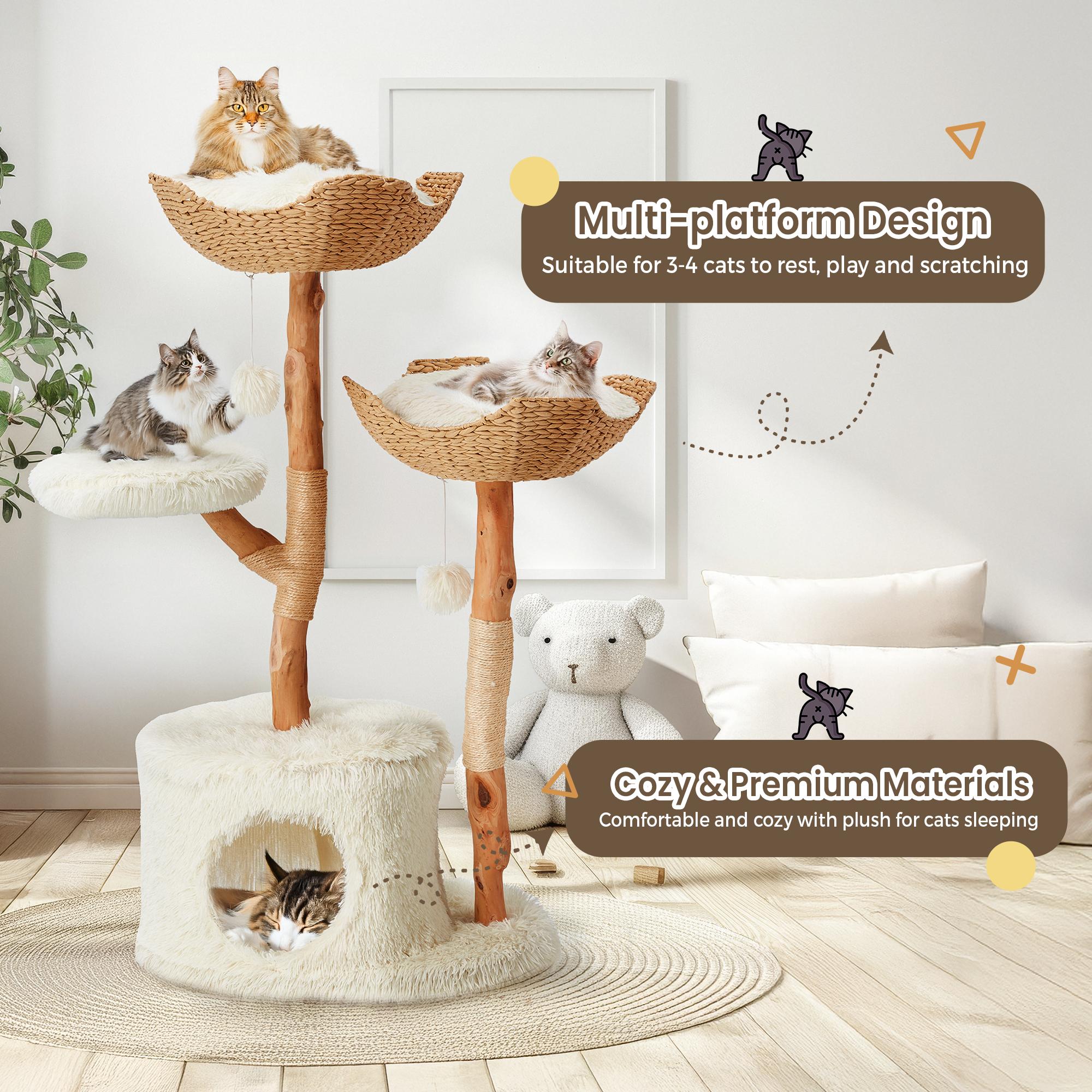 EROMMY Natural Wood Cat Tree with Hand-Woven Baskets & Sisal Posts | Cozy Indoor Tower for 2–3 Cats