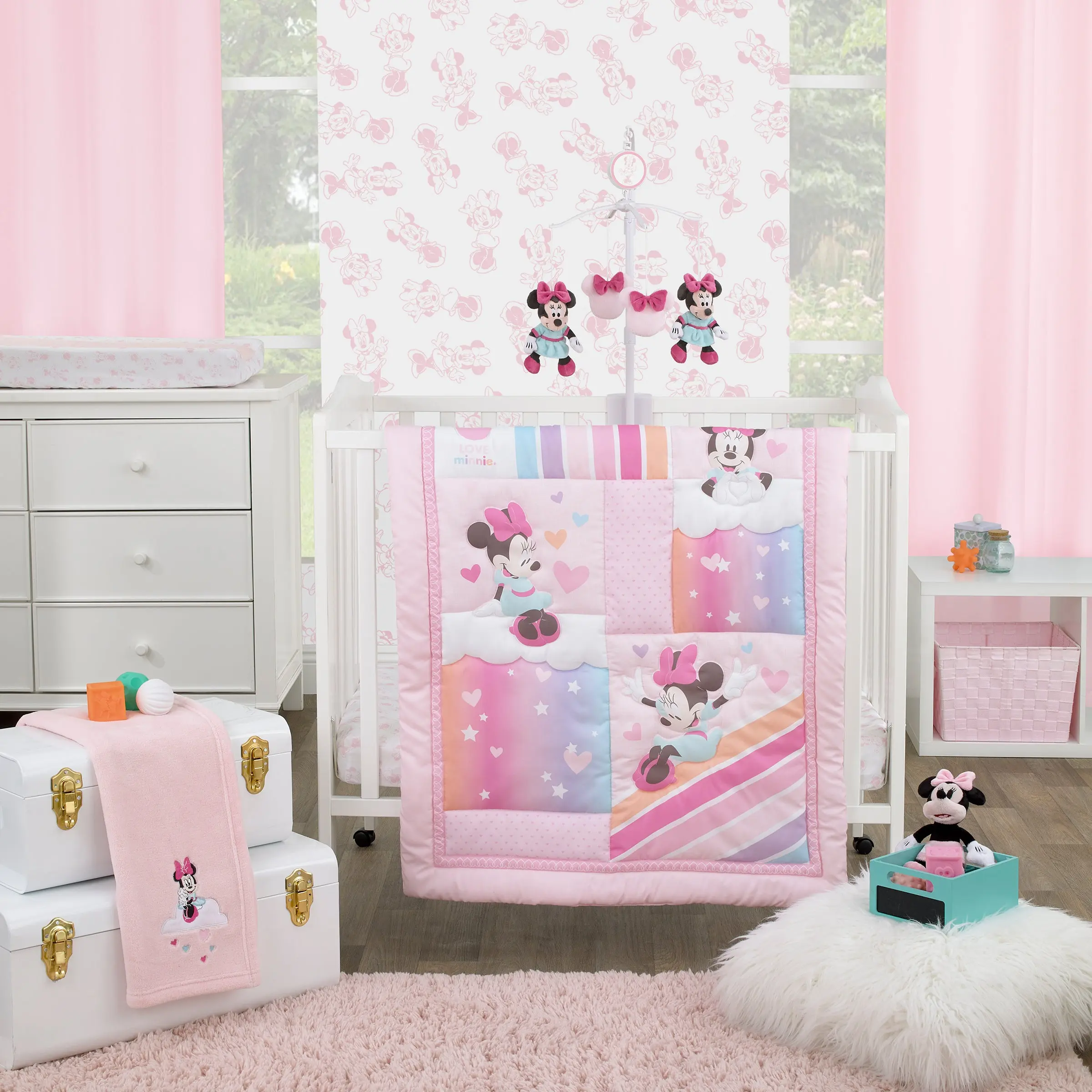 Disney Minnie Mouse Be Happy Pink Rainbow, Stars, and Clouds 3 Piece Nursery Mini Crib Bedding Set - Comforter and Two Fitted Mini Crib Sheets