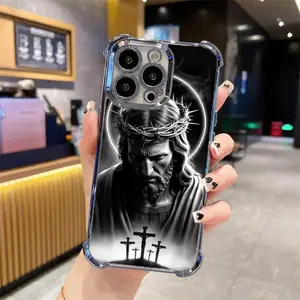Jesus Clear Protective Four Comers Air Cushion Anti-drop CellPhone Case Clear BracketPhone Case forPhone Case for iPhone 17/16/15/14/13/12/11/xs/xs max/xr/Samsung/S22/S23/S24/S25PLUS  FE ULTRA  EDGE