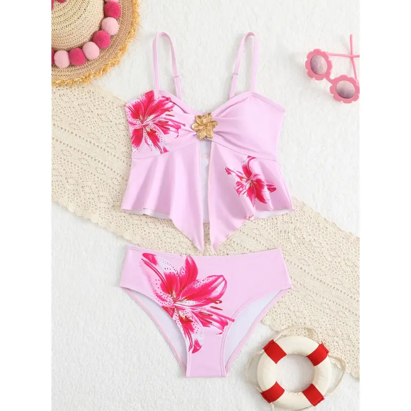 Girls' Medium/Large Adjustable Thin-Strap Tankini Swimsuits Set, 2-Piece Floral Print Swimsuits, Kids' Beach Vacation Swimwear