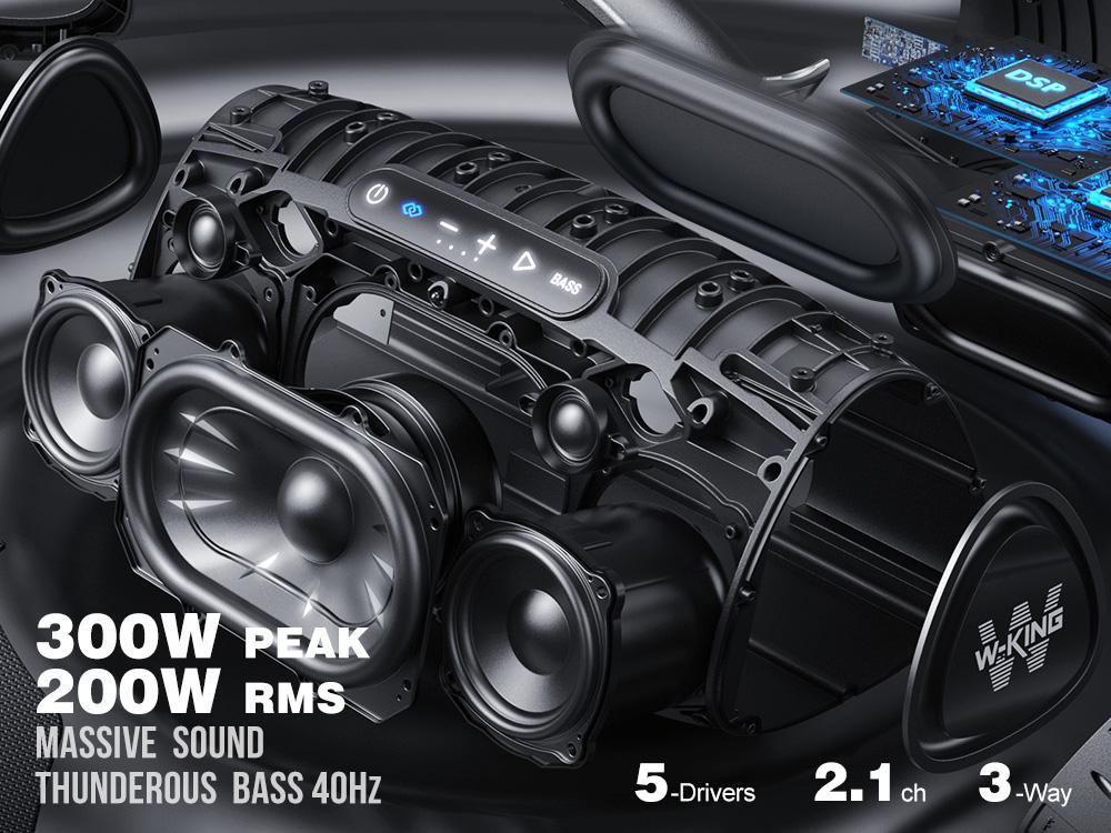 W-KING X20 330W PEAK Boom Box,7.5" Subwoofer 200W RMS,IPX7 Waterproof BT5.4 EQ APP Guitar-in Massive Bass for Outdoor Party
