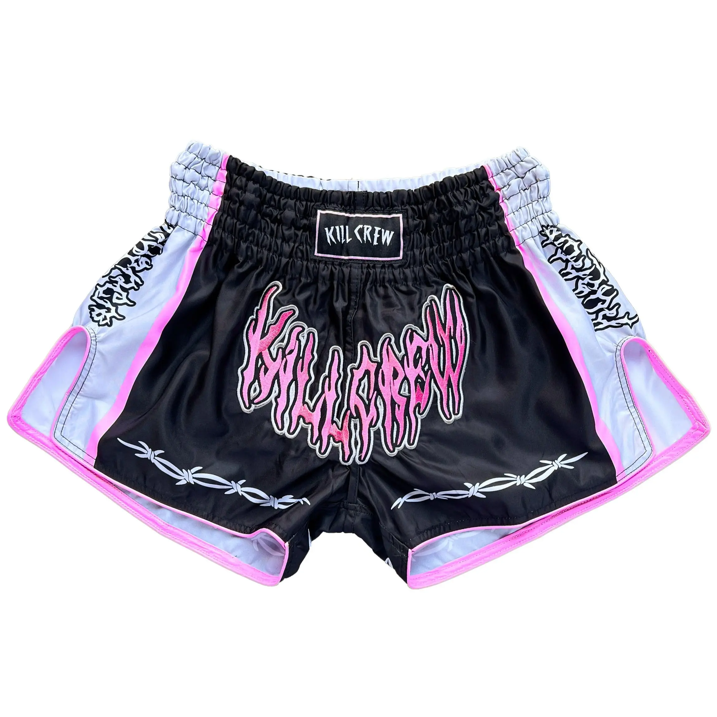 Kill Crew Men's Retro Muay Thai Active Premium Fitness Workout Shorts - Lightweight Polyester Satin, Breathable Printed Mesh Panels, for Gym Training, Active Athletic Shorts