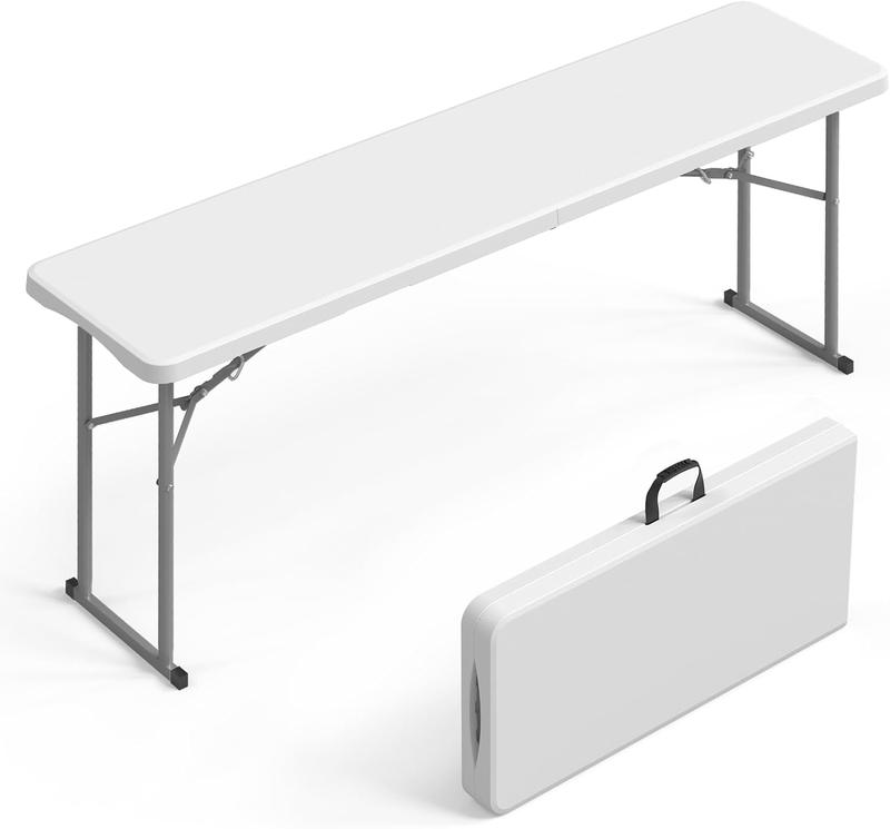 VINGLI 6 FT Narrow Folding Table, Tabletop Folded in Half, Premium Quality HDPE Material and Sturdy Metal Frame, Perfect for Buffet, Seminar, Party, Training, Home Work, White