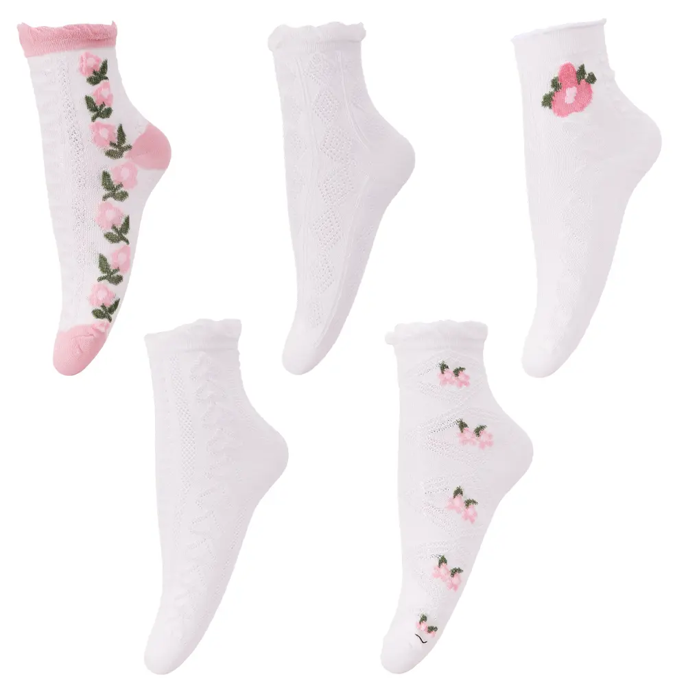 5 Pairs Sweet Floral Mid‑Calf Socks, Frilly Trim Hollow Jacquard Casual Socks, Lightweight Elastic Decorative Socks for Women Girls Daily Outfit Accessory