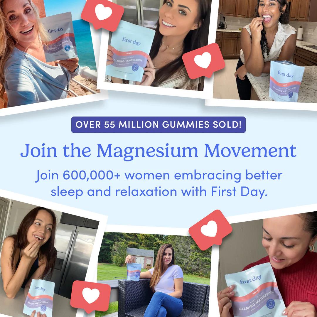 FIRST DAY Women’s Magnesium Calm Gummies – Sleep Aid, Balanced Mood & Energy – Vegan Supplement for Women - Magnesium Citrate, L-Theanine, No Melatonin – 30-Day Supply