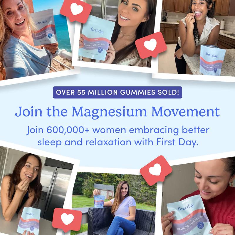 FIRST DAY Women’s Magnesium Calm Gummies – Sleep Aid, Balanced Mood & Energy – Vegan Supplement for Women - Magnesium Citrate, L-Theanine, No Melatonin – 30-Day Supply