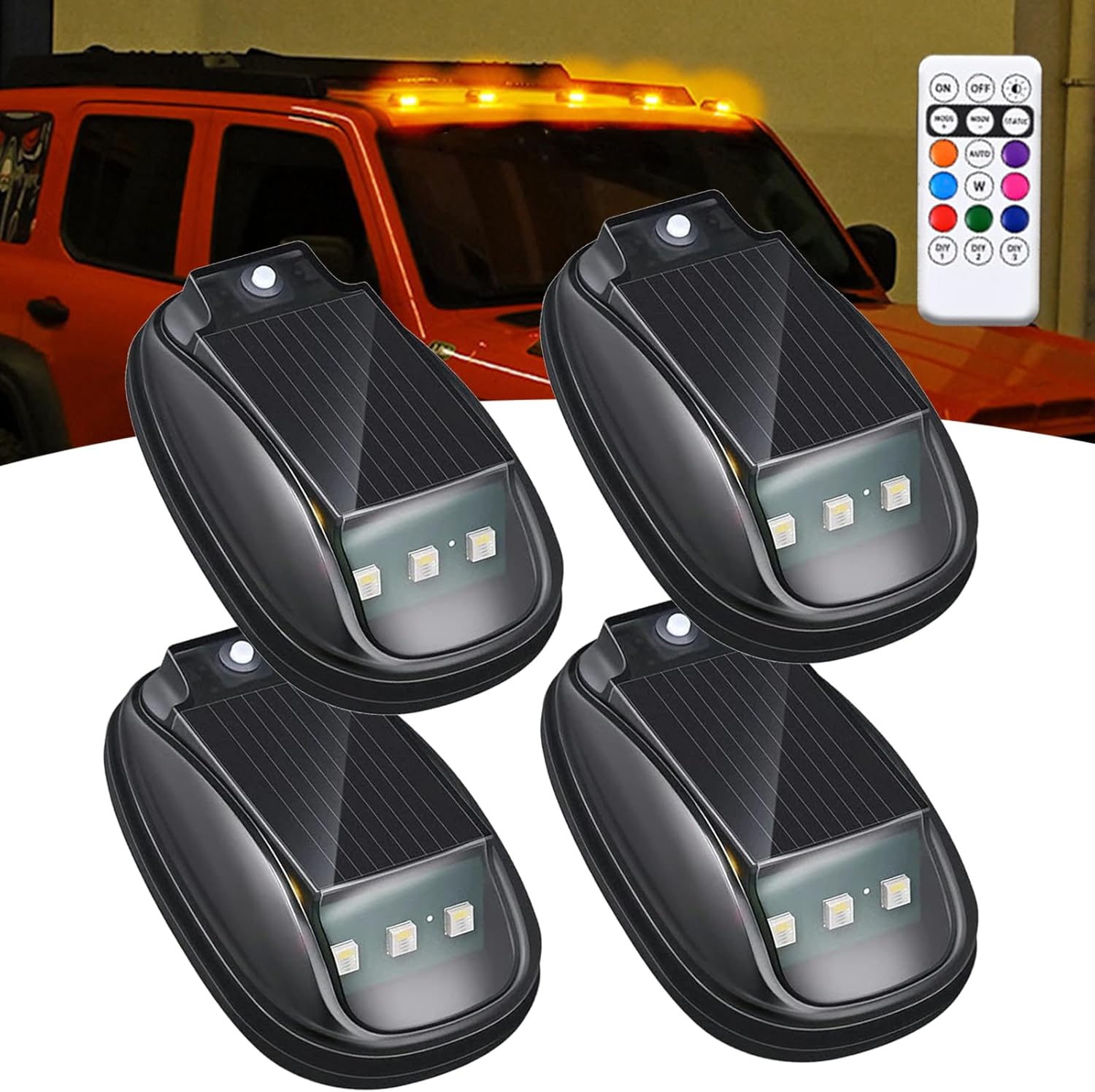 BougeRV  Solar-Powered RGB Car Roof Strobe Light with Remote Control, Wireless LED Warning & Ambient Light for Trucks, Pickups, Camping Use, No-Drill Installation, Enhances Night Visibility & Interior Atmosphere