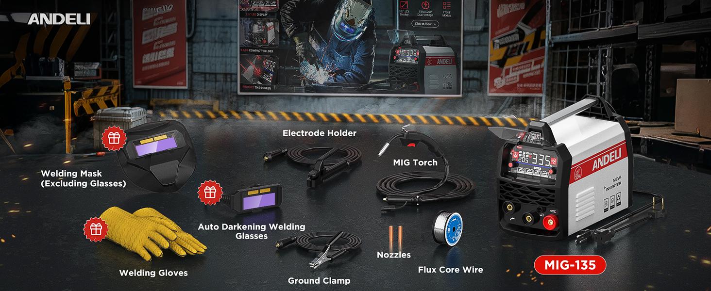 ANDELI 135Amp MIG Welder 110V/220V Dual Voltage Flux MIG/Lift TIG/Stick 3-in 1 Gasless Welder Flux Core Welder Portable Welding Machine Large LED Digtal Display IGBT Inverter with Welding Torch and Welding Wire