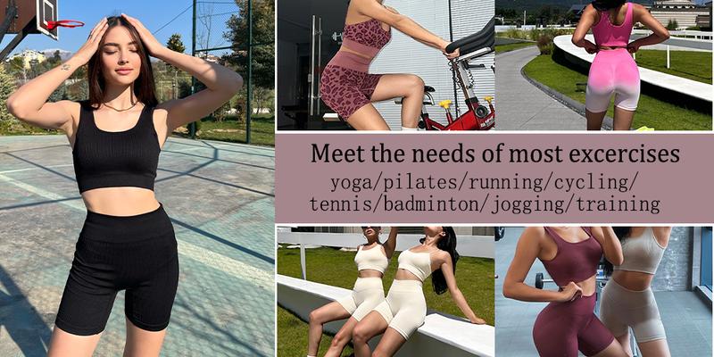 FINETOO 4pcs Workout Sets for Women Ribbed Crop Tank Shorts Active Gym Exercise High Waisted Sports Yoga Outfit Fashion ootd Women Comfortable Set XS-L